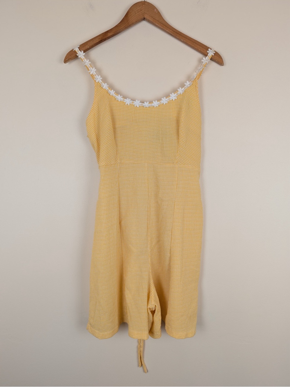 90s Vintage Yellow and White Gingham Romper with White Daisy Trim